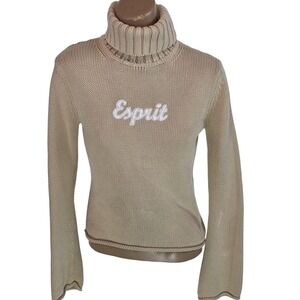 Esprit Sweater Womens Small Beige Chunky Knit Turtleneck Logo Pullover Casual